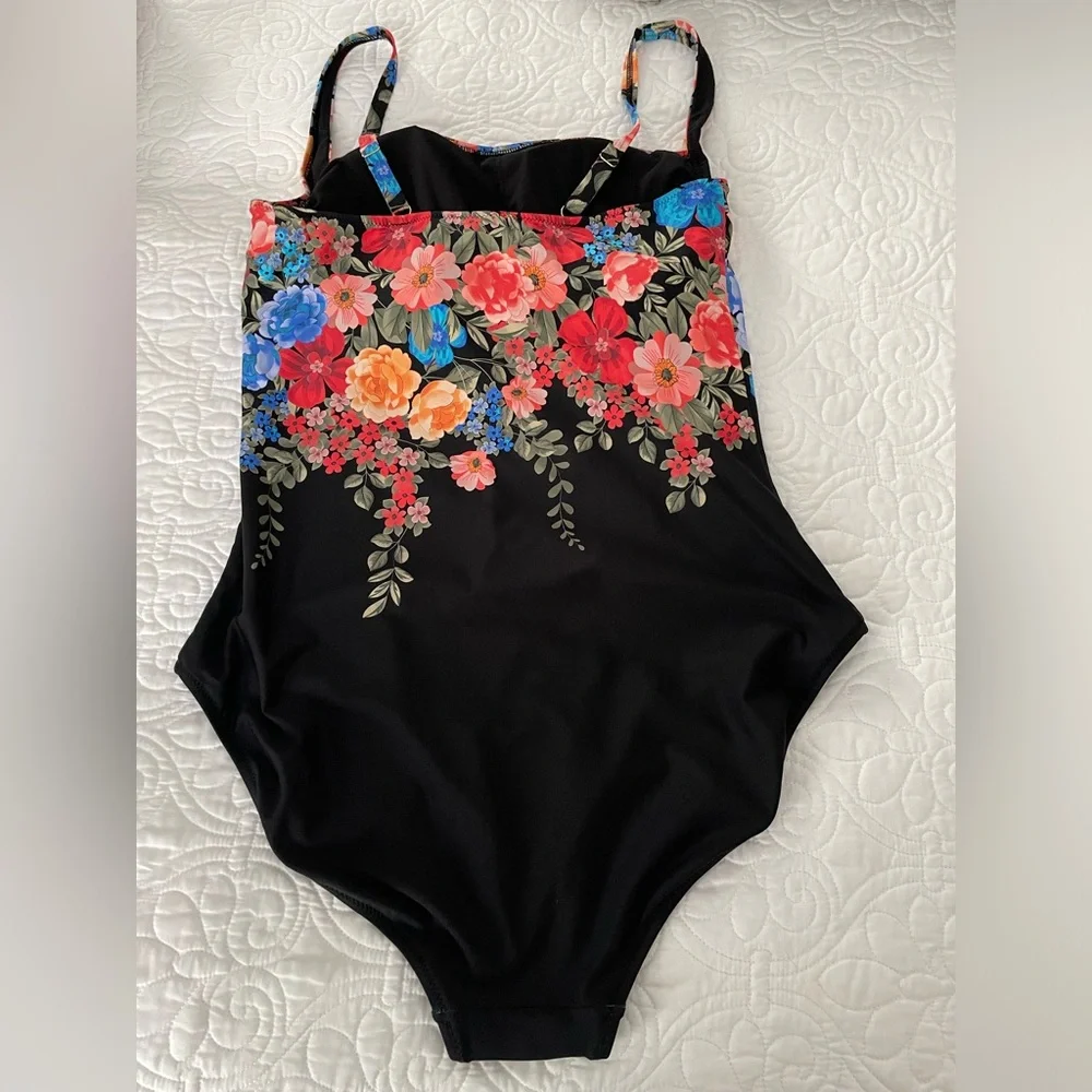 Johnny Was Black Royal Ruched One Piece Floral Swimsuit Sz 3X - Picture 9 of 14